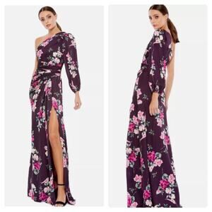 Mac Duggal Floral Satin Leena 2634 One Shoulder High Slit Gown Size L NWT
